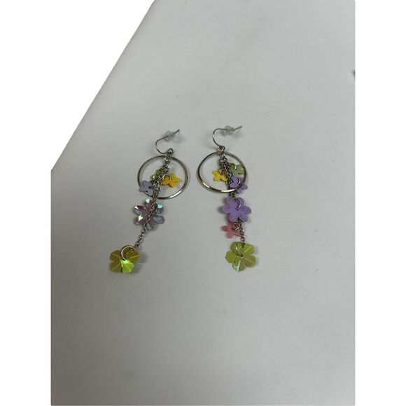 Silver hoop dangle with floral drop earrings - Picture 3 of 5
